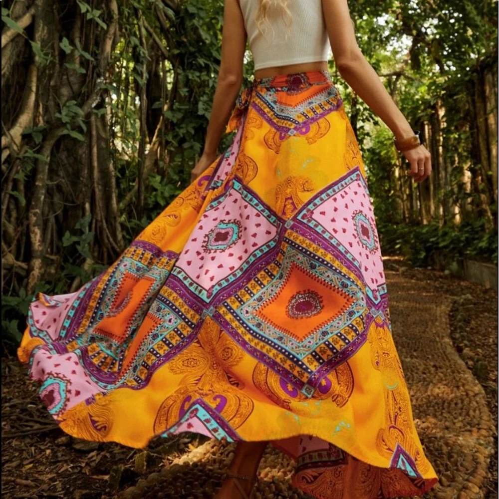 Boho Festival Floral Print Crop Top Blouse Slit Maxi Skirt Set vibrant Orange - Picture 10 of 10